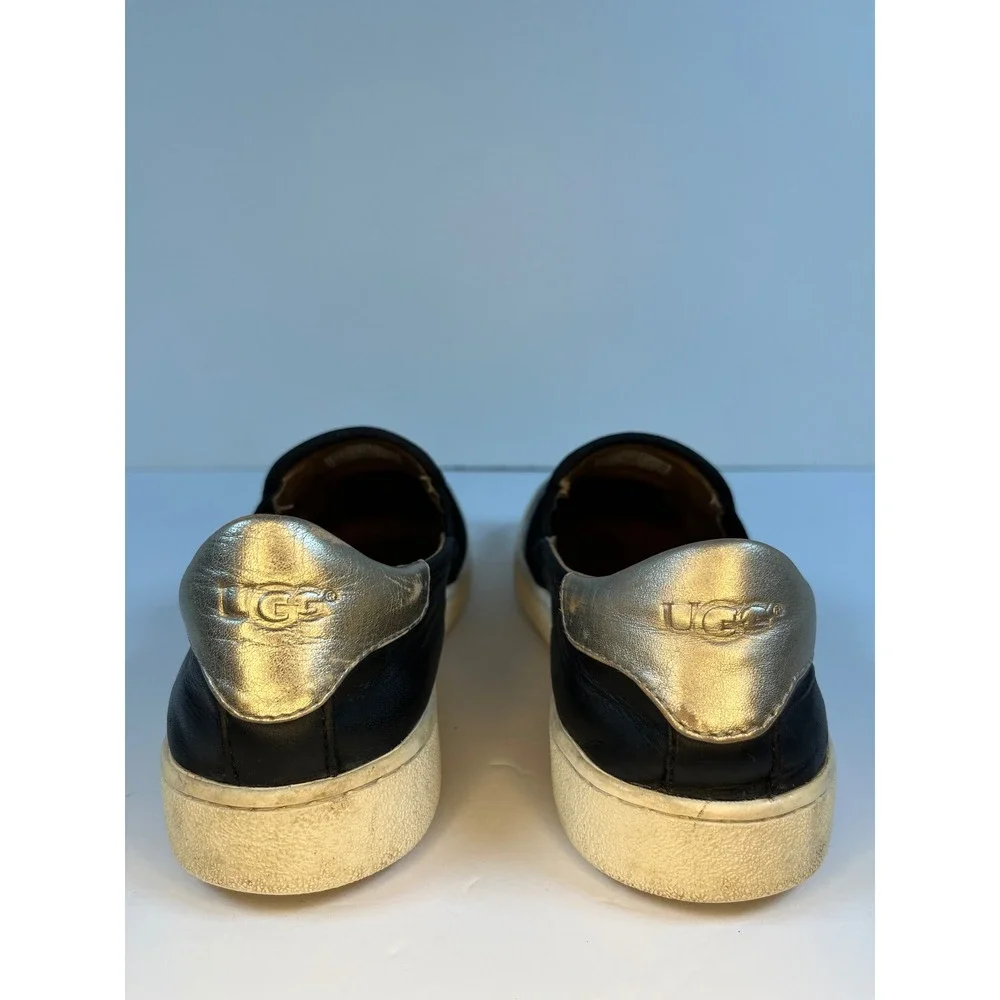 UGG Cas Black Leather Slip On Sneakers Gold Heel 1019108 Womens 8